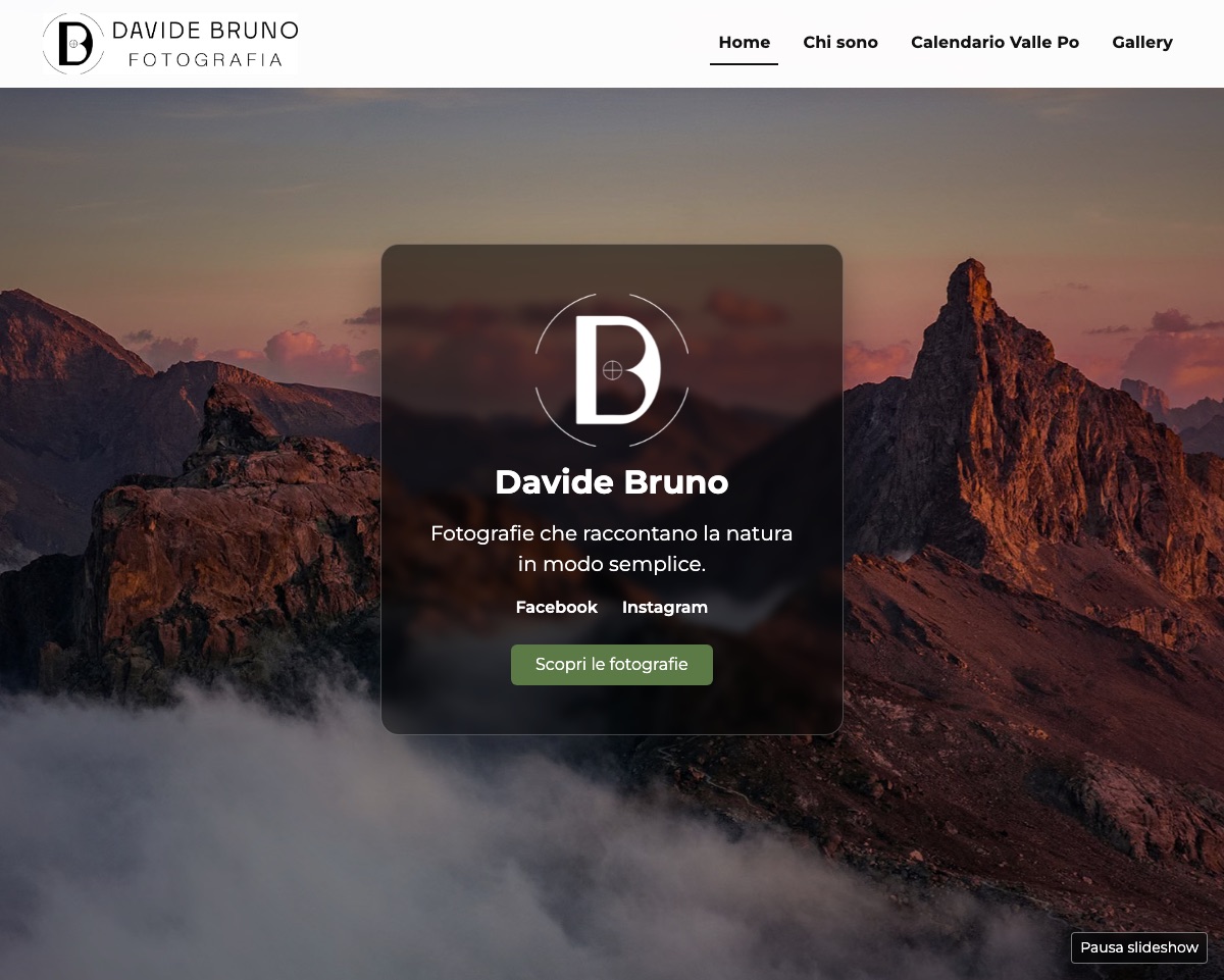 Screenshot della home di davidebrunofoto.it, con il Monviso al tramonto
